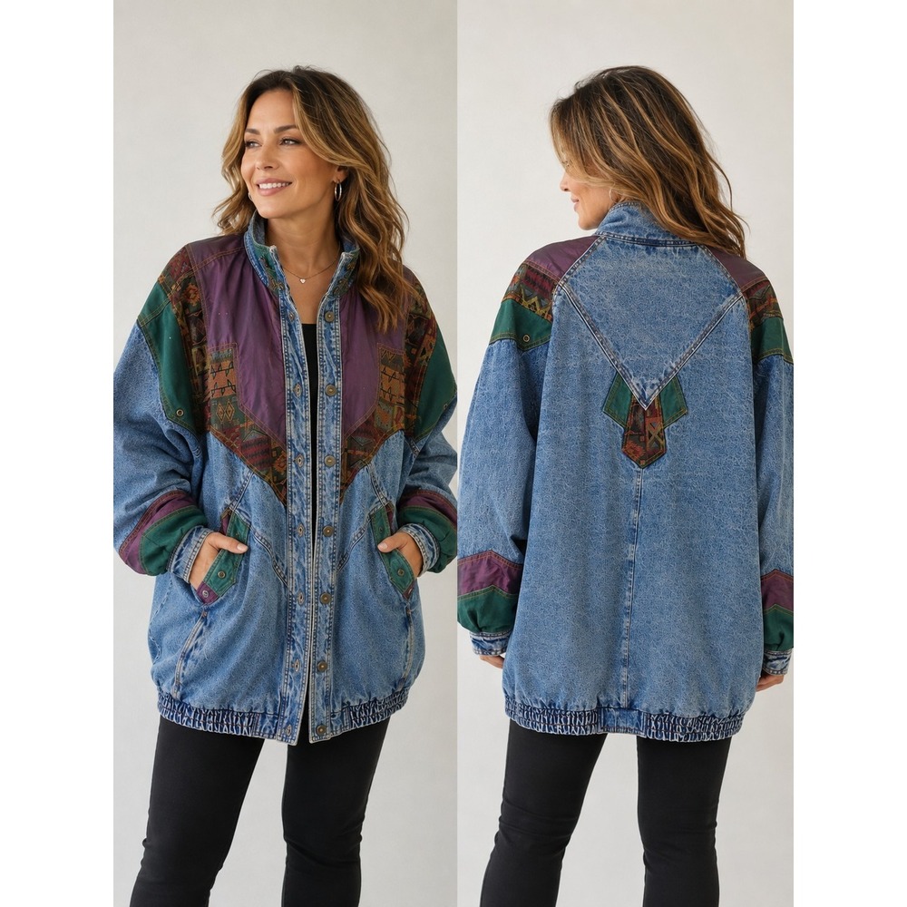 Vintage Y2K Current Seen Women's Denim Jacket Sz 3X Quilted Lined Boho Bomber